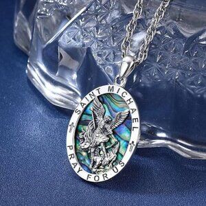 Real 925 Sterling Silver Pendant Necklace Saint Michael-Oval-Abalone Shell NEW!